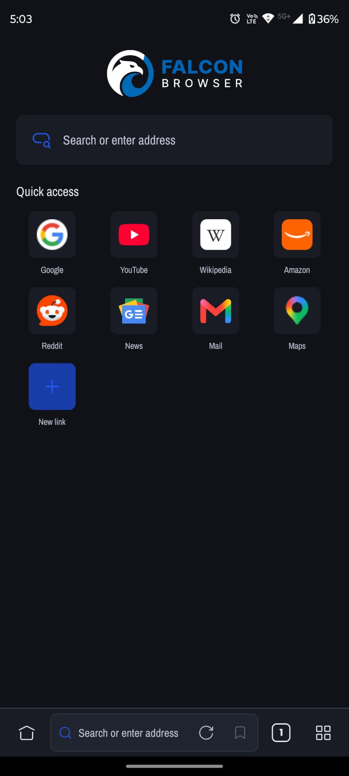 Falcon Browser dark theme start page