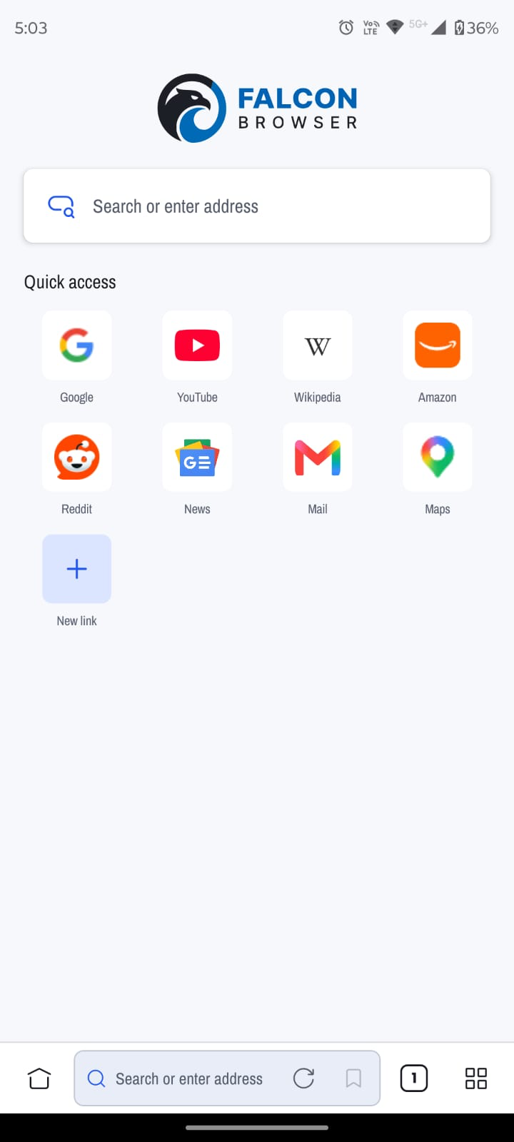 Falcon Browser light theme start page